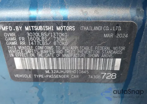 2024 Mitsubishi Mirage Es z USA, uszkodzony, nr VIN ML32AUHJ9RH010845